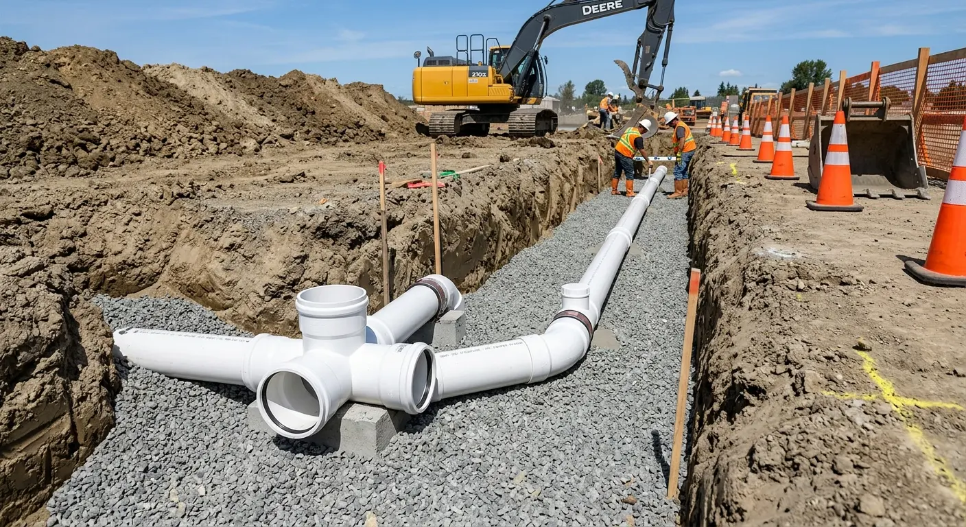 New PVC sewer pipe installation in open trench for Sewer Backup in Vincent