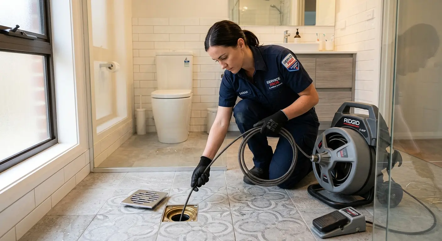 Technician clearing a bathroom floor drain for Sewer Line Replacement in Vincent